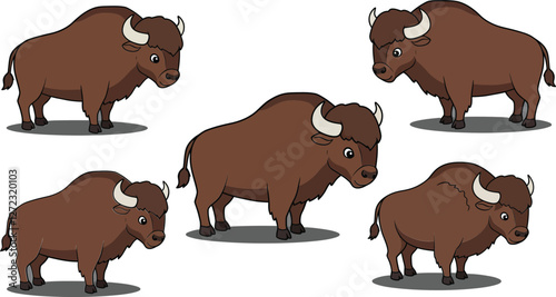 Bison herd illustration in playful flat design style featuring various poses vector art