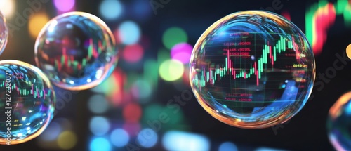 Stock market bubble concept with financial charts and graphs displayed inside floating soap bubbles against a colorful bokeh background Representing market volatility, risk, and speculative investment