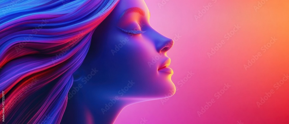 Serene 3D woman with vibrant, flowing hair in profile against a colorful gradient background Concept of beauty, tranquility, and digital art Serene 3D woman with vibrant, flowing hair in profile against a colorful gradient background Concept of beauty, tranquility, and digital art