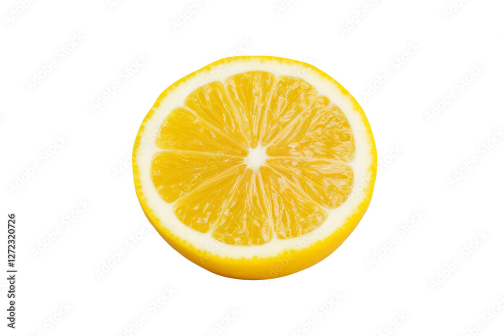 Slice of lemon is shown on a white background, isolated Slice of lemon is shown on a white background, isolated