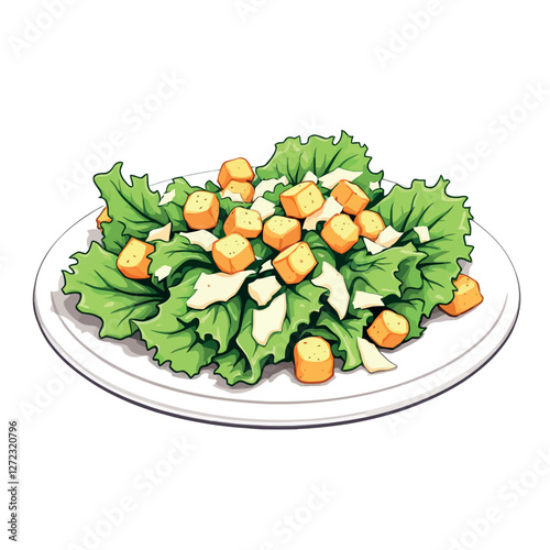 Fresh caesar salad with croutons and cheese on white plate