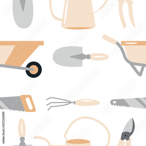 seamless pattern with various garden tools and watering can in yellow on white background, for packaging or textile