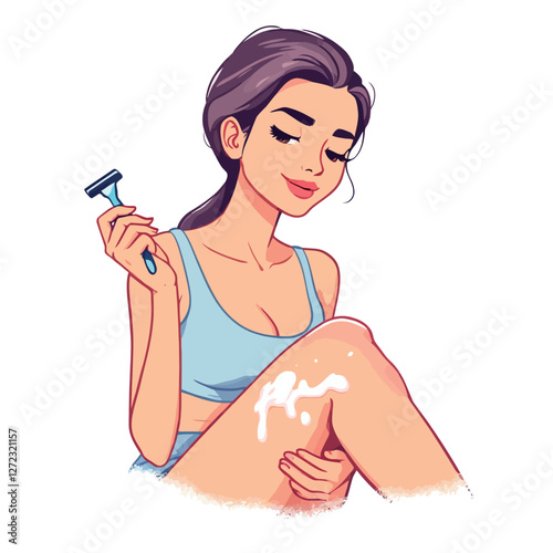 Beautiful woman shaving legs with razor in bathroom routine