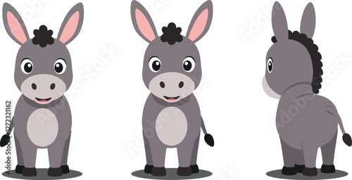 Cute donkey character design in flat style showcasing three angles vector art