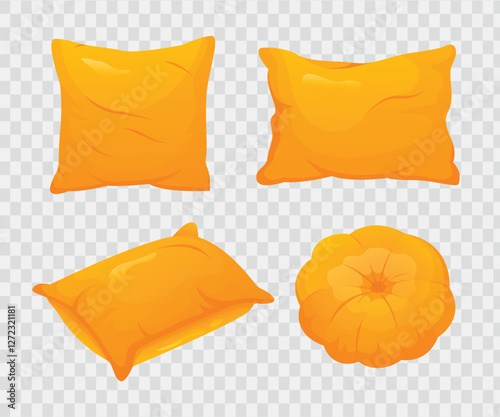 Decorative pillows yellow color. Interior item vector decor cartoon isolated illustration of pillows of different shapes