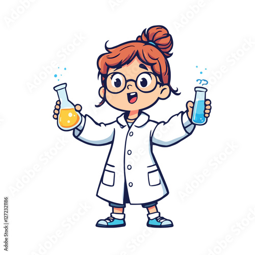 Enthusiastic young chemist showing two flasks with colorful liquids
