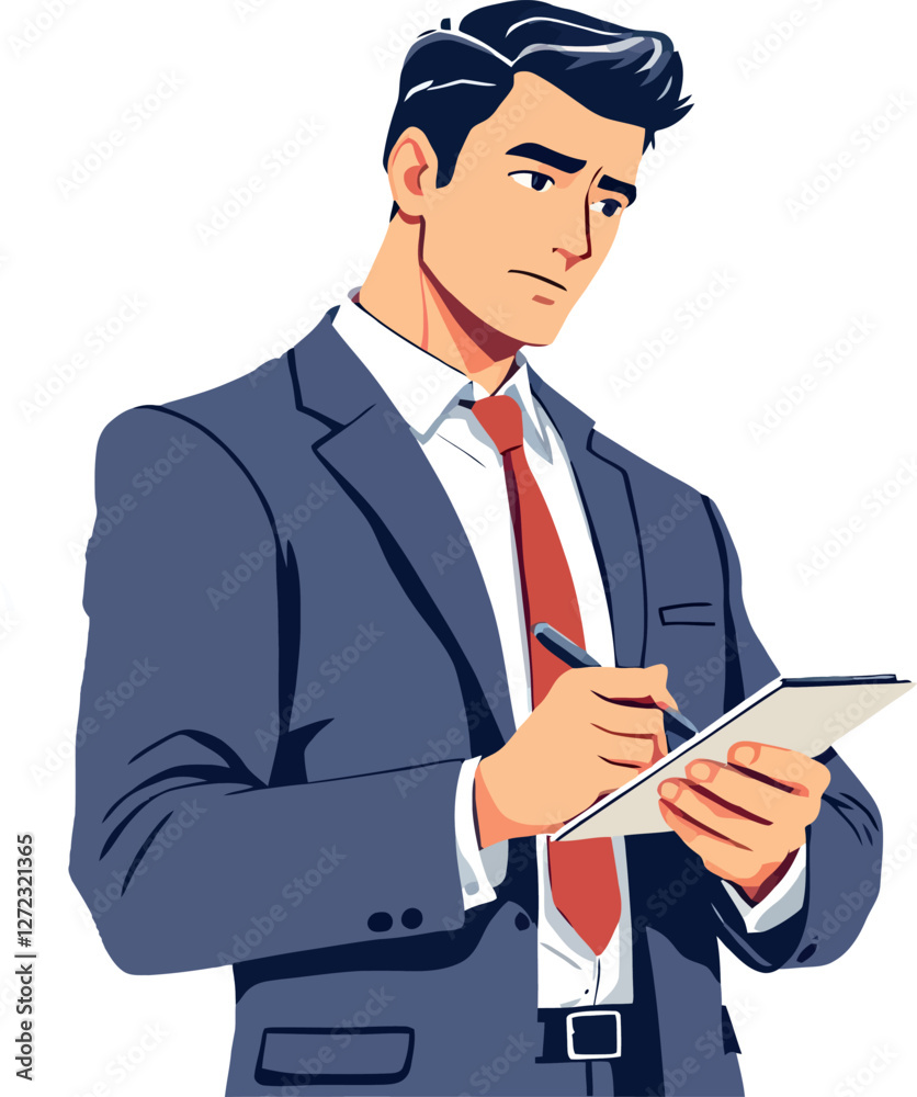 Businessman taking notes and thinking seriously about business strategy Businessman taking notes and thinking seriously about business strategy