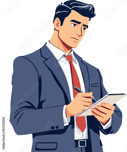 Businessman taking notes and thinking seriously about business strategy