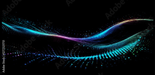 Vector illustration features graceful, multicolored waves of particles flowing smoothly on a black background, symbolizing digital fluidity and modernity with a vibrant, artistic look.