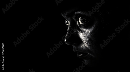 A partially obscured face lit dramatically by a single light source reveals wide eyes filled with intensity and fear.

