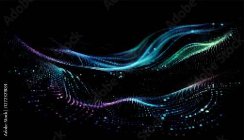 Vector illustration features graceful, multicolored waves of particles flowing smoothly on a black background, symbolizing digital fluidity and modernity with a vibrant, artistic look.