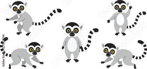Playful lemurs in various poses illustrated in a flat vector art style