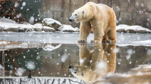 A polar bear gazes at its mirror image in icy water as snowflakes fall around it. photo