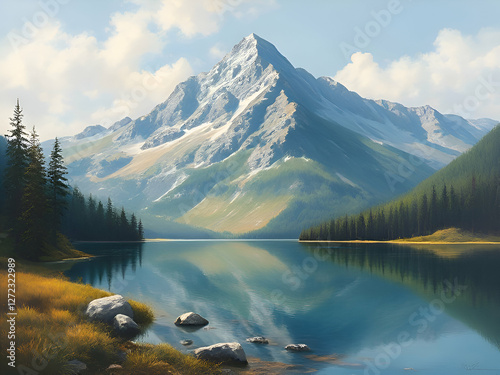 a painting of a mountain lake with a mountain in the background