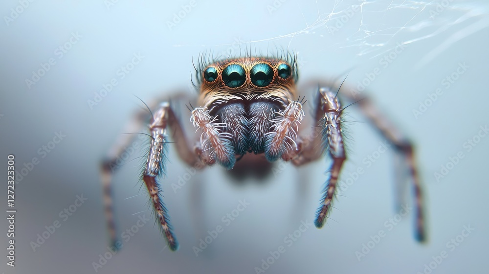 Jumping spider on web, close-up view Jumping spider on web, close-up view