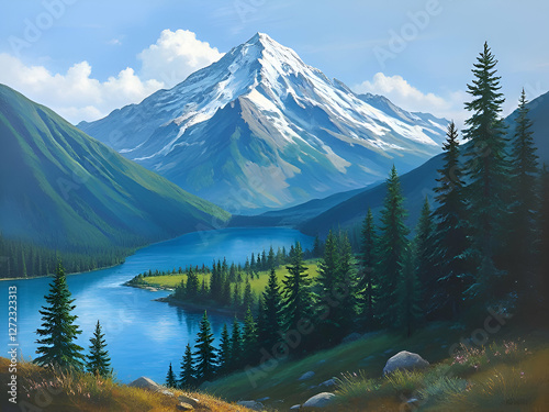 The tranquility of a mountain lake captured in this beautiful painting