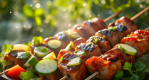 a bunch of skewers of meat and vegetables on a grill