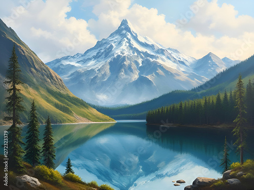 a painting of a mountain lake with a mountain in the background