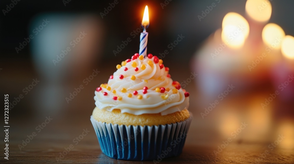 A Single Birthday Cupcake with a Lit Candle, Sweet Celebration A Single Birthday Cupcake with a Lit Candle, Sweet Celebration
