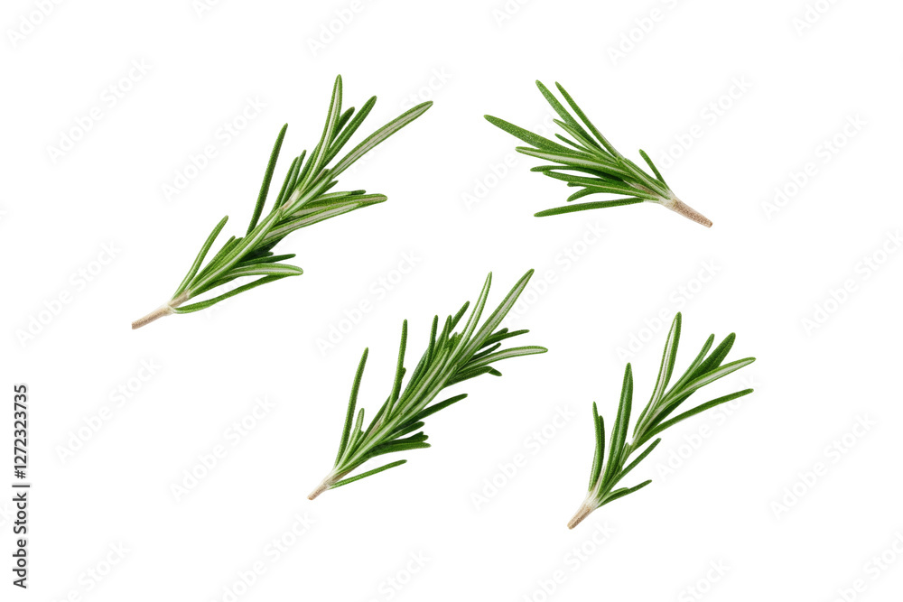 Four green rosemary leaves are shown in a row, isolated Four green rosemary leaves are shown in a row, isolated