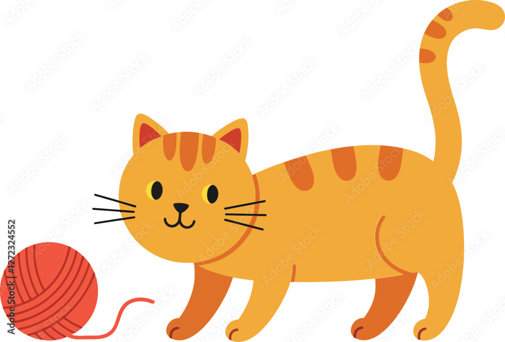 Cute orange cat playing with a ball of yarn in flat vector art