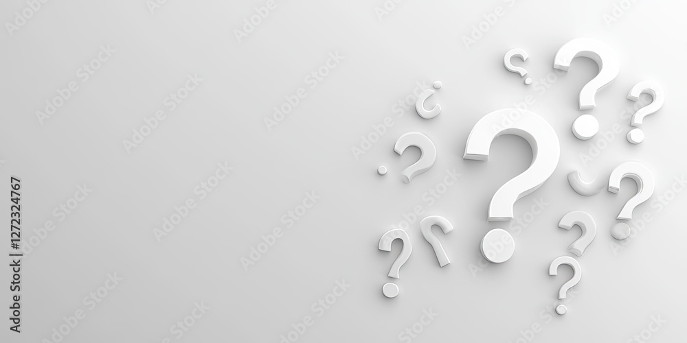 Many white question marks scattered across a white background