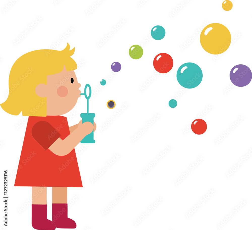Girl blowing bubbles in playful style with bright colors and simple shapes vector illustration Girl blowing bubbles in playful style with bright colors and simple shapes vector illustration