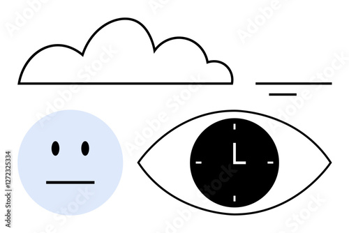 Neutral face, cloud, and eye with clock symbol conceptually expressing time, mood, vision, and observation. Ideal for productivity, mindfulness, emotions awareness focus reflection abstract line
