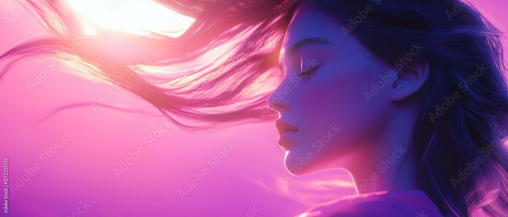 Young woman with flowing hair in profile illuminated by vibrant pink and purple neon lights Cyberpunk, futuristic, or synthwave aesthetic Concepts of beauty, fashion, and nightlife Young woman with flowing hair in profile illuminated by vibrant pink and purple neon lights Cyberpunk, futuristic, or synthwave aesthetic Concepts of beauty, fashion, and nightlife