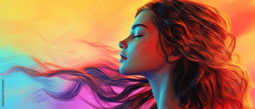 Serene young woman with flowing red hair on a vibrant, colorful abstract background Concept of beauty, fashion, and tranquility Serene young woman with flowing red hair on a vibrant, colorful abstract background Concept of beauty, fashion, and tranquility
