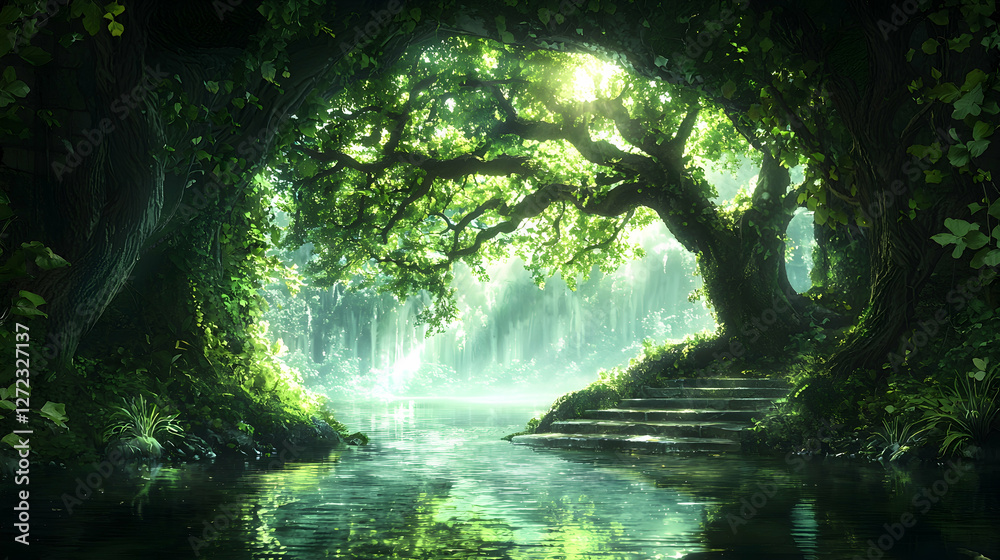 Obraz premium Sunlit Forest River Steps, Mystical Scene, Nature Background, Fantasy Illustration