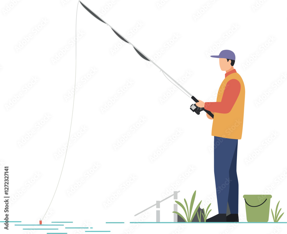 Fisherman casting line into water in flat, minimal vector art illustration Fisherman casting line into water in flat, minimal vector art illustration