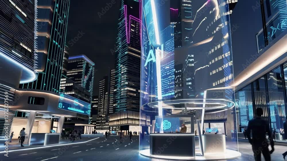 Businessmen confidently walking past cutting edge financial institution featuring holographic projections, illuminating futuristic urban landscape during nighttime technological showcase