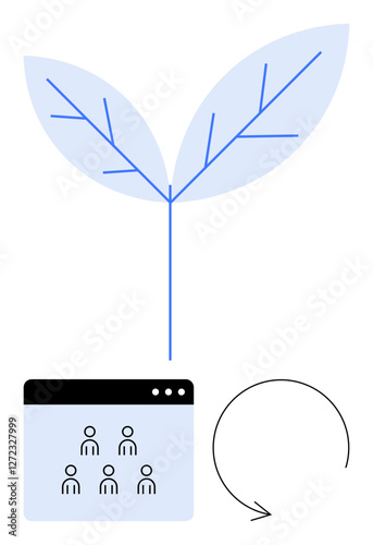 Stem growing into leaves above a browser window with user icons and a circular arrow. Ideal for sustainability, teamwork, innovation, regeneration, leadership, growth, eco-friendly processes