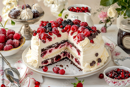 Wallpaper Mural Layered berry cake with white frosting topped with fresh raspberries blackberries and chocolate chips in a light airy setting. Torontodigital.ca