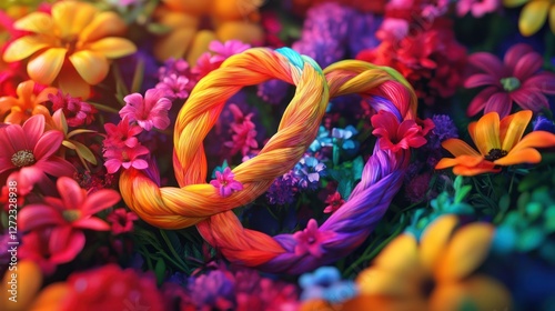 Colorful intertwined rings in floral bed