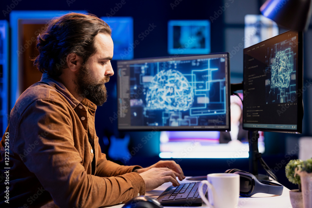 Admin using computer for artificial intelligence computing simulating human brain through self learning algorithms. Employee working with AI deep neural networks on desktop PC Admin using computer for artificial intelligence computing simulating human brain through self learning algorithms. Employee working with AI deep neural networks on desktop PC