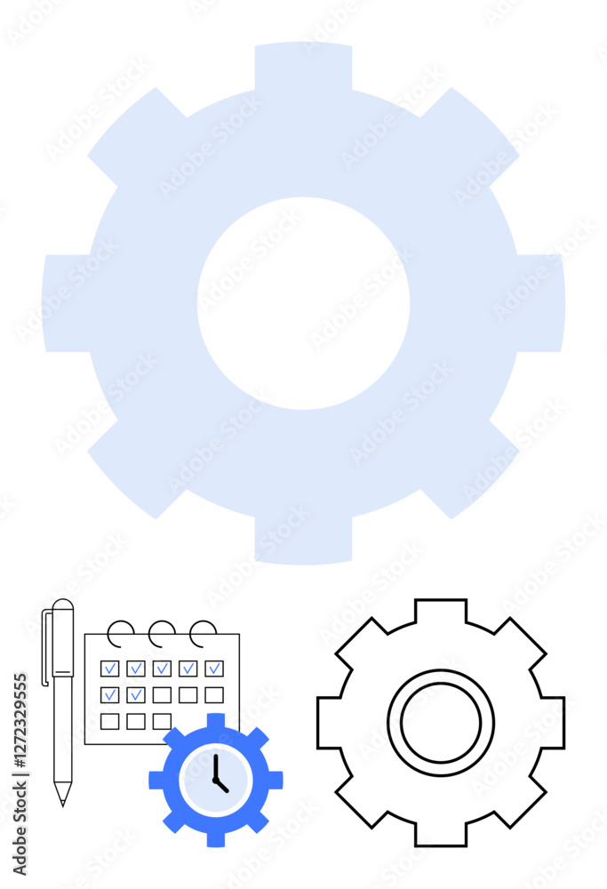 Blue and black gear icons with calendar, pen, clock, and checklist representing productivity, scheduling, teamwork, planning, organization. Ideal for time tracking efficiency and flat abstract line Blue and black gear icons with calendar, pen, clock, and checklist representing productivity, scheduling, teamwork, planning, organization. Ideal for time tracking efficiency and flat abstract line