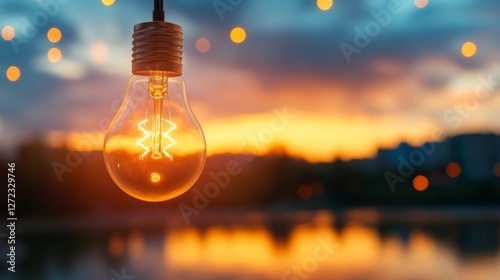 Glowing lightbulb at sunset. Warm colors and soft light create a peaceful atmosphere.
