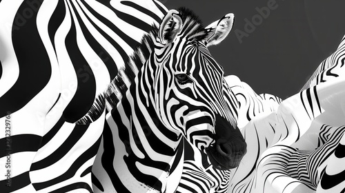 Abstract zebra pattern blending into a surreal black and white landscape sharp details moody lighting no people.