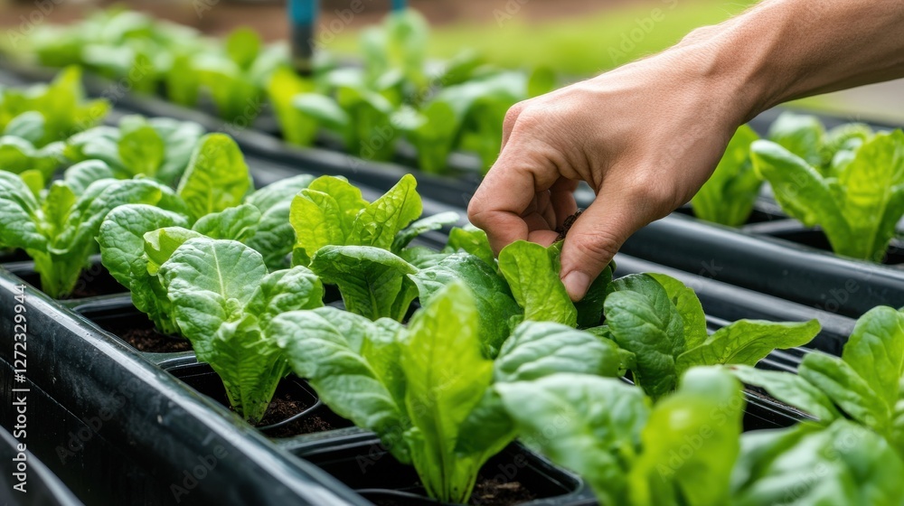 A hand is reaching into a row of potted plants A hand is reaching into a row of potted plants