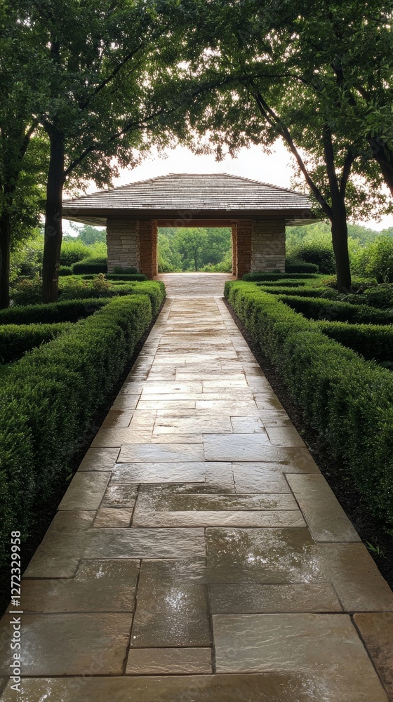 Fototapeta premium Serene pathway leading to a stone pavilion nestled amongst lush greenery. A tranquil garden scene.