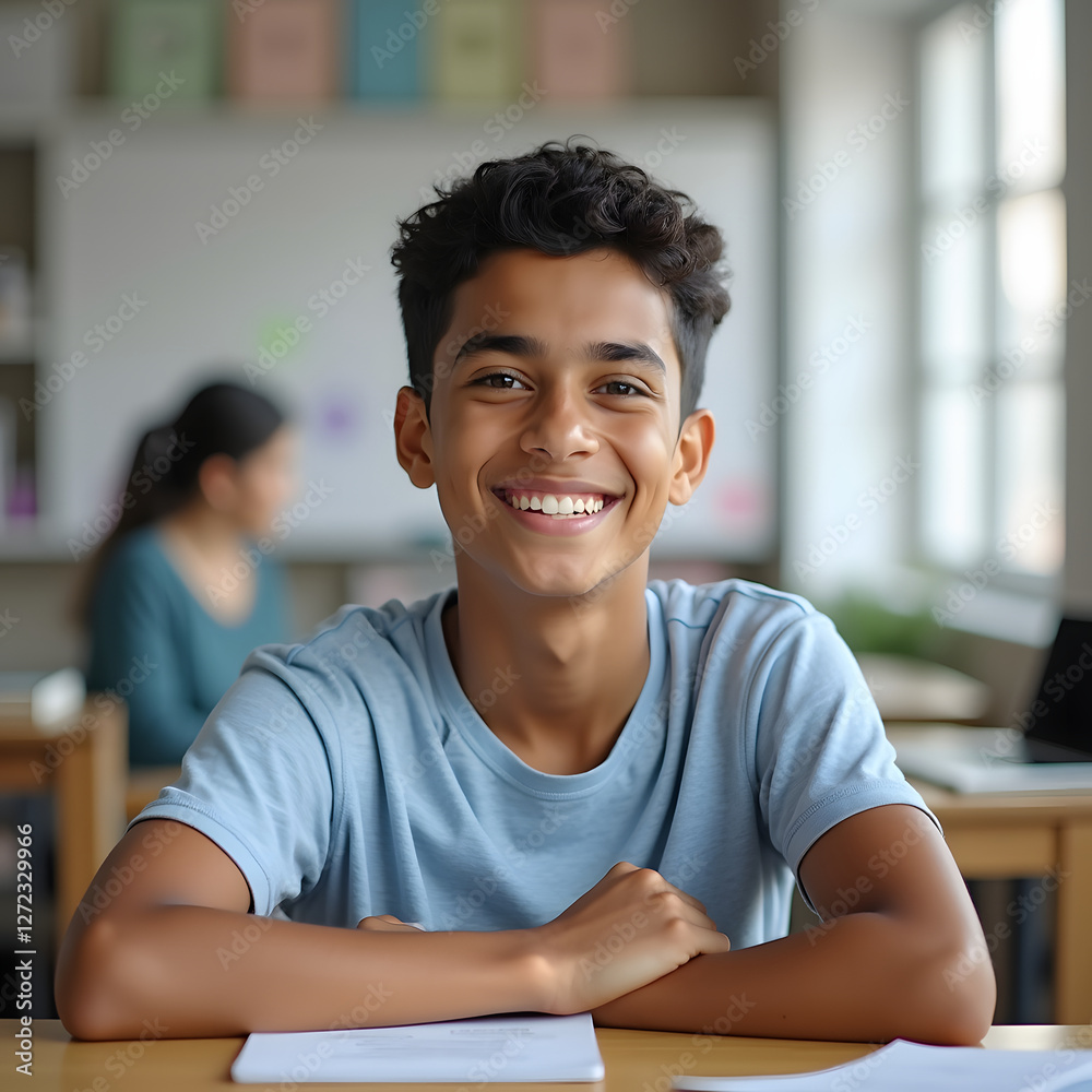 Fototapeta premium A happy student kid in a desk of school class.