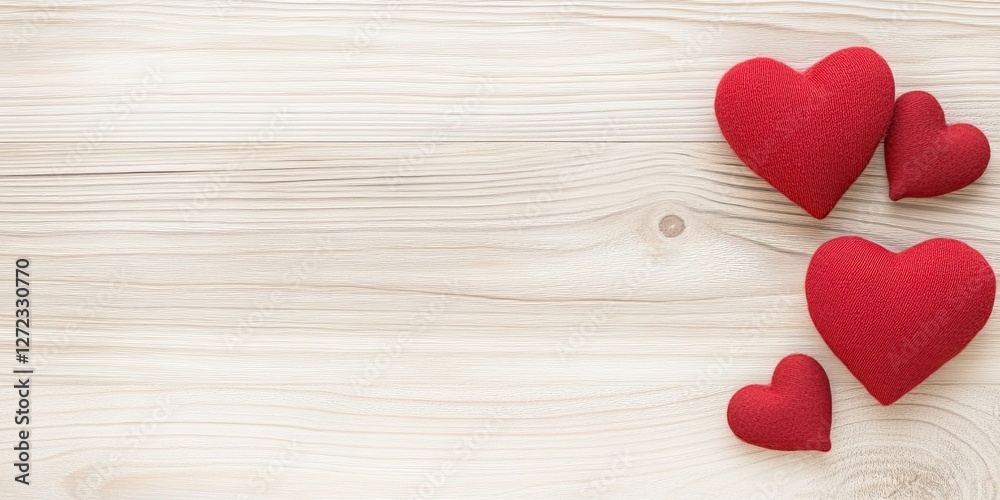 Red Felt Hearts on Light Wooden Background Red Felt Hearts on Light Wooden Background