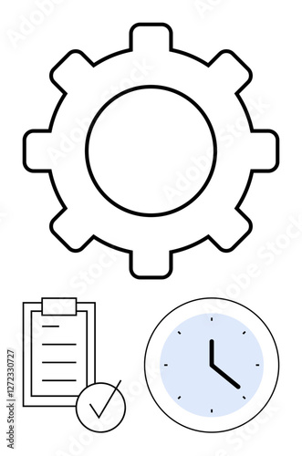 Large gear, checklist with checkmark, and clock in minimalist design. Ideal for productivity, time planning, task management, efficiency, deadlines, organization abstract line flat metaphor