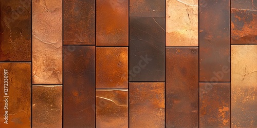 Varied textured rectangular brown and orange tiles arranged vertically