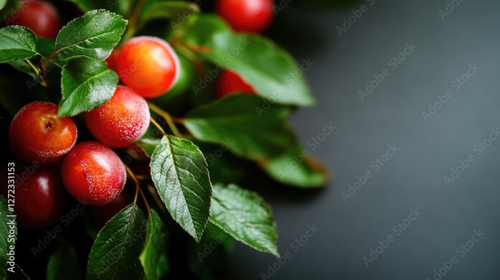 Fresh plums with green leaves on a dark background, showcasing nature's vibrant colors. Fresh plums with green leaves on a dark background, showcasing nature's vibrant colors.