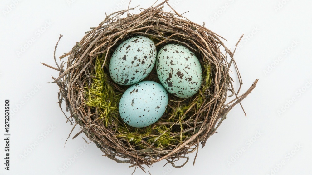 Obraz premium Three beautifully speckled eggs rest peacefully in a cozy bird nest. A delicate arrangement of twigs and soft moss enhances their natural beauty, creating a serene habitat