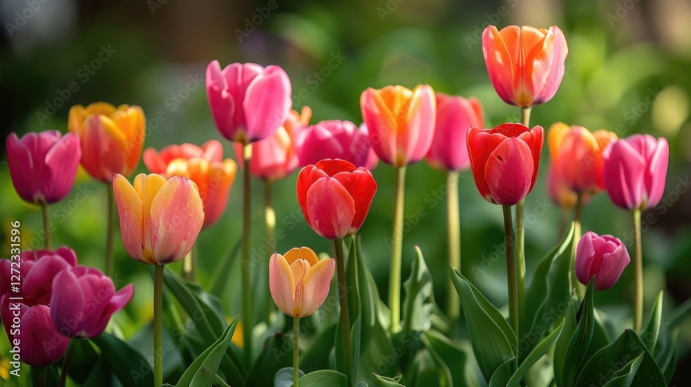 Fototapeta premium Vibrant tulips in various colors blooming beautifully in a sunny garden.
