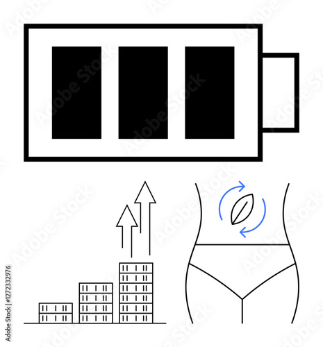 Battery icon for energy, increasing bar graphs for progress, and a human torso representing health. Ideal for wellness, productivity, growth, fitness, metabolism, sustainability abstract line flat